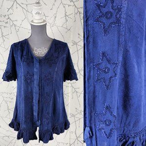 Sakkas Washed Navy Stars Embroidered Ruffle Peasant Blouse